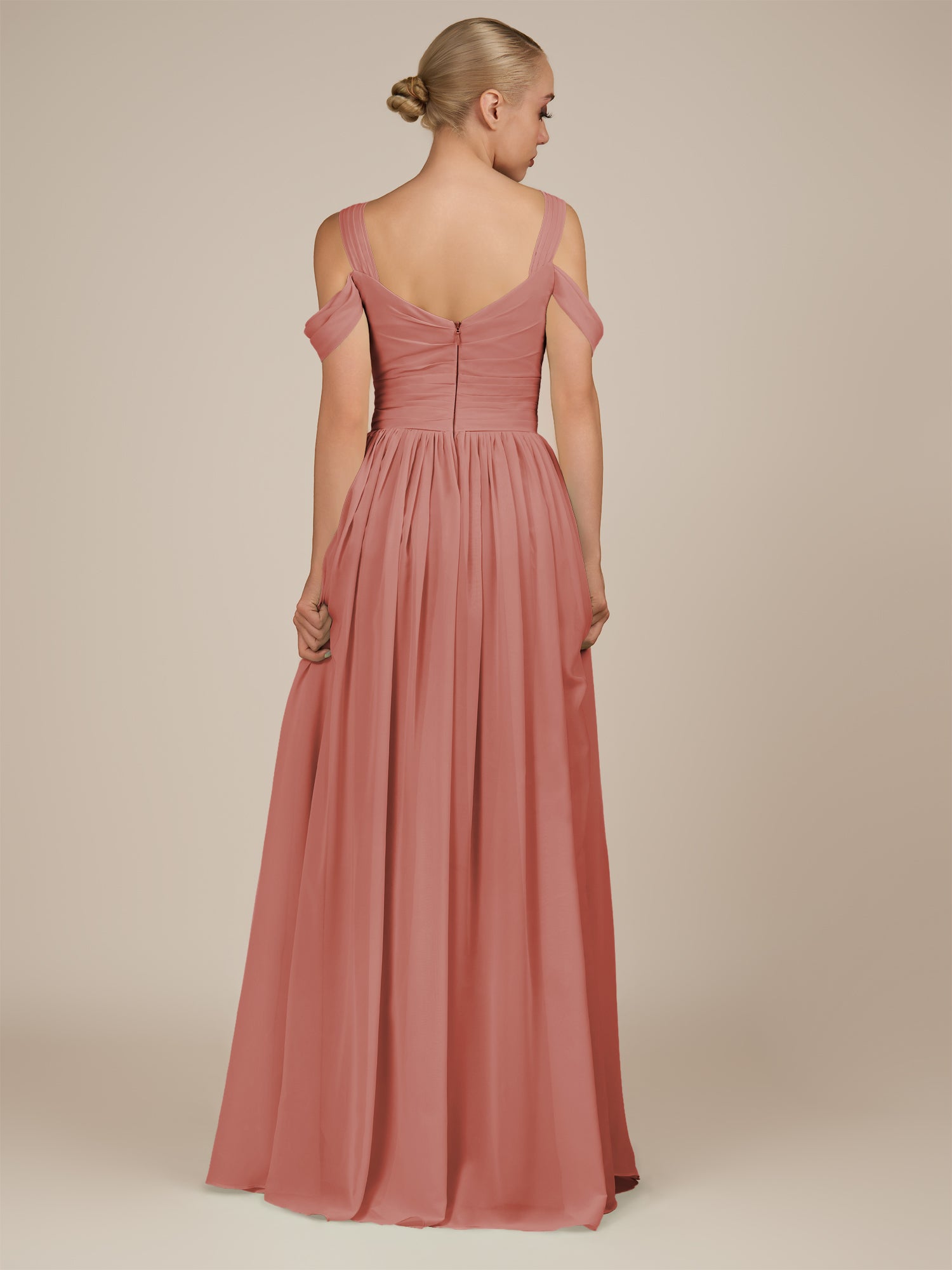 KissDress-Faye Mulberry A Line Chiffon Off the Shoulder Pleated Long Bridesmaid Dress with Slit