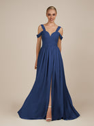 KissDress-Faye Navy A Line Chiffon Off the Shoulder Pleated Long Bridesmaid Dress with Slit
