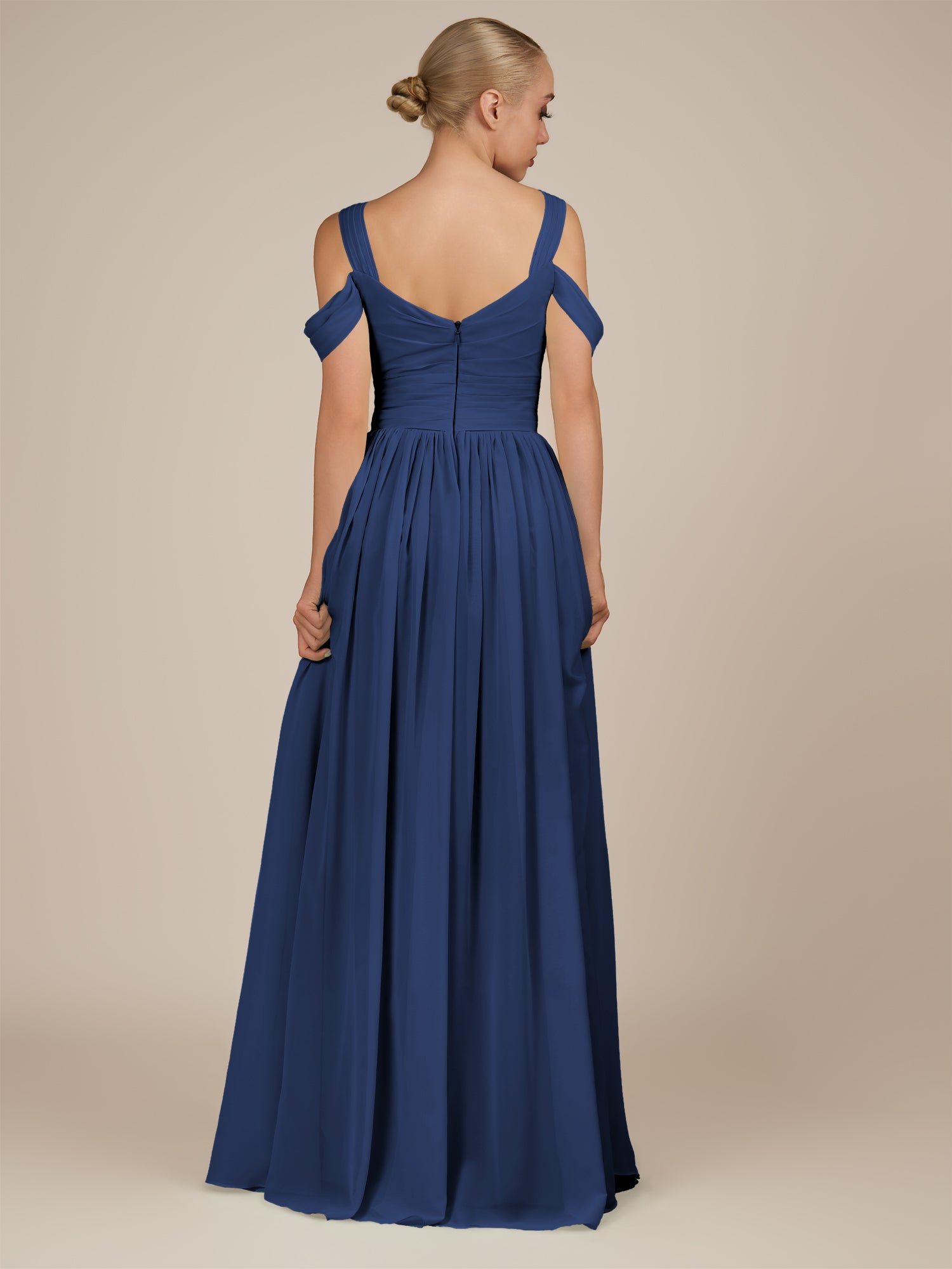 KissDress-Faye Navy A Line Chiffon Off the Shoulder Pleated Long Bridesmaid Dress with Slit