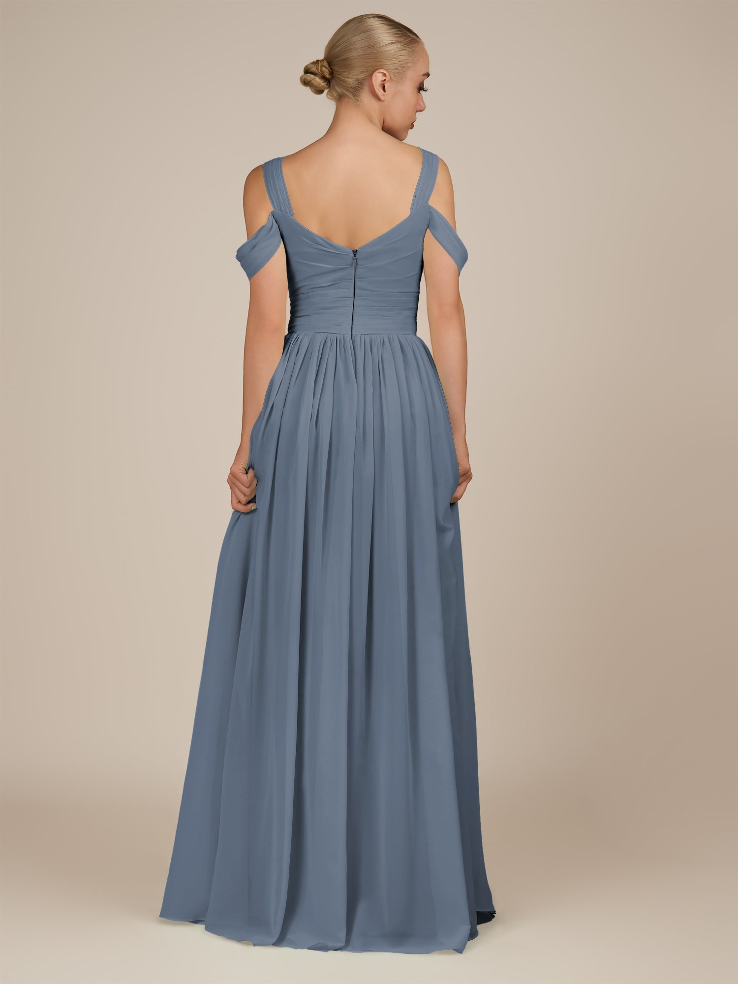KissDress-Faye Neptune A Line Chiffon Off the Shoulder Pleated Long Bridesmaid Dress with Slit
