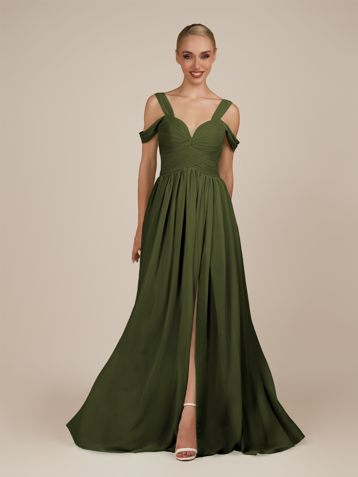 KissDress-Faye Olive A Line Chiffon Off the Shoulder Pleated Long Bridesmaid Dress with Slit
