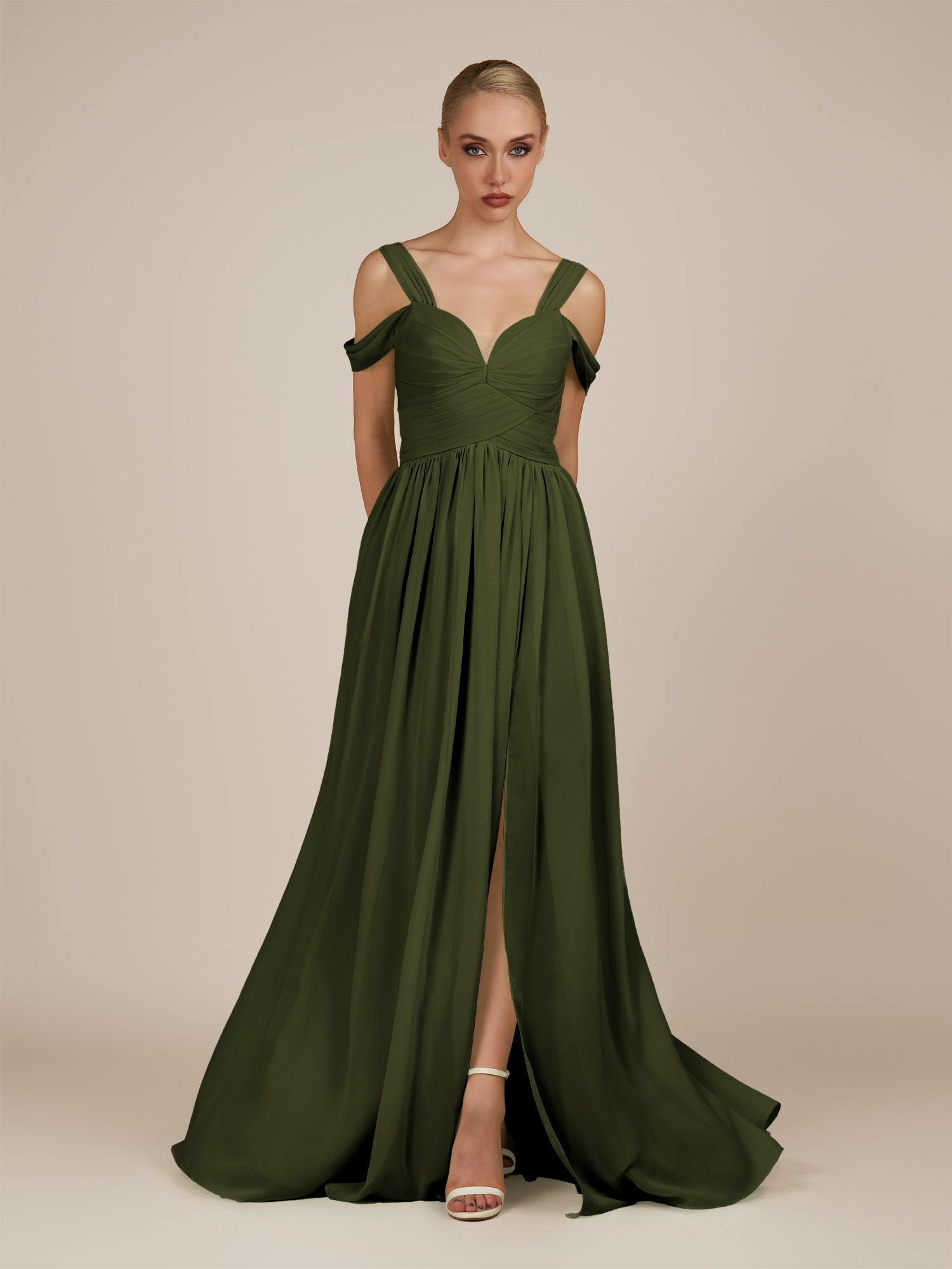 KissDress-Faye Olive A Line Chiffon Off the Shoulder Pleated Long Bridesmaid Dress with Slit
