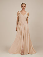 KissDress-Faye Pale Blush A Line Chiffon Off the Shoulder Pleated Long Bridesmaid Dress with Slit