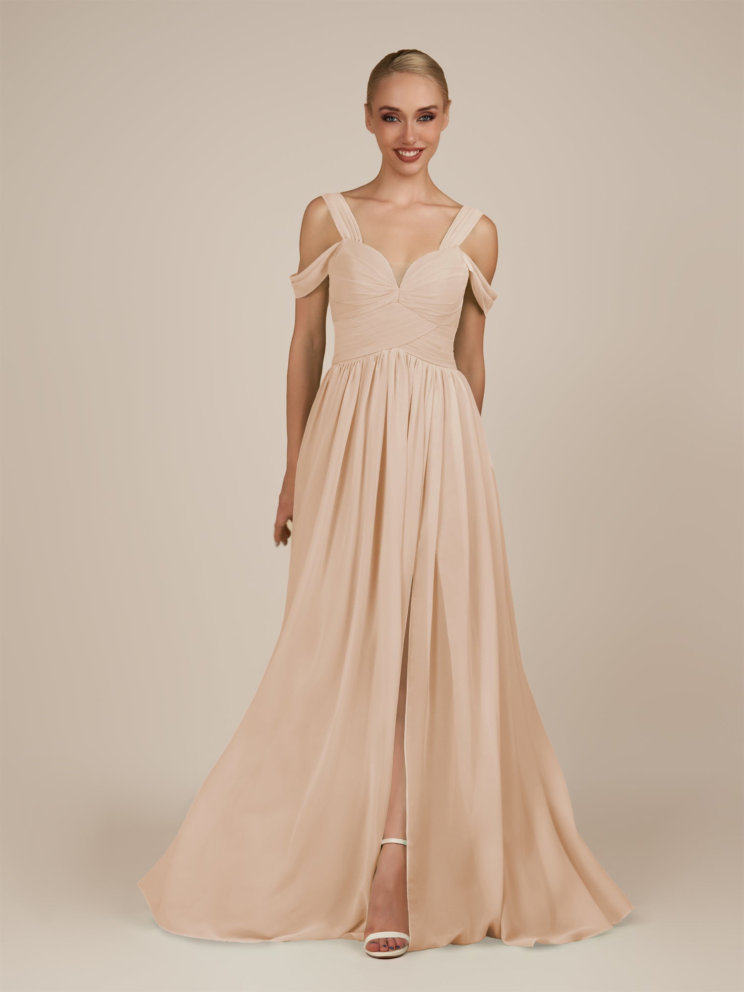 KissDress-Faye Pale Blush A Line Chiffon Off the Shoulder Pleated Long Bridesmaid Dress with Slit