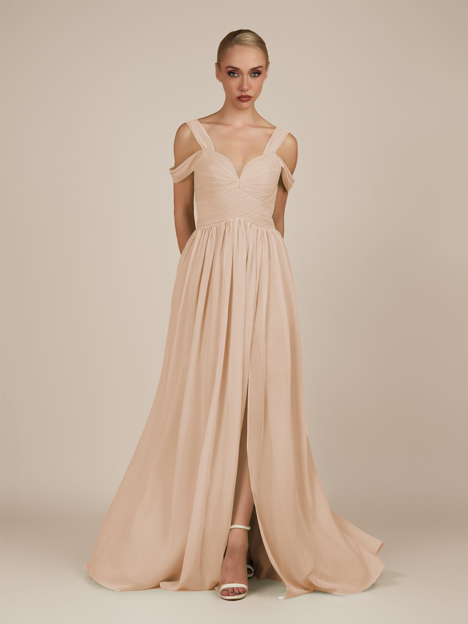 KissDress-Faye Pale Blush A Line Chiffon Off the Shoulder Pleated Long Bridesmaid Dress with Slit
