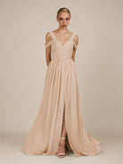 KissDress-Faye Pale Blush A Line Chiffon Off the Shoulder Pleated Long Bridesmaid Dress with Slit