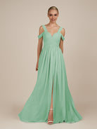 KissDress-Faye Pale Pistachio A Line Chiffon Off the Shoulder Pleated Long Bridesmaid Dress with Slit