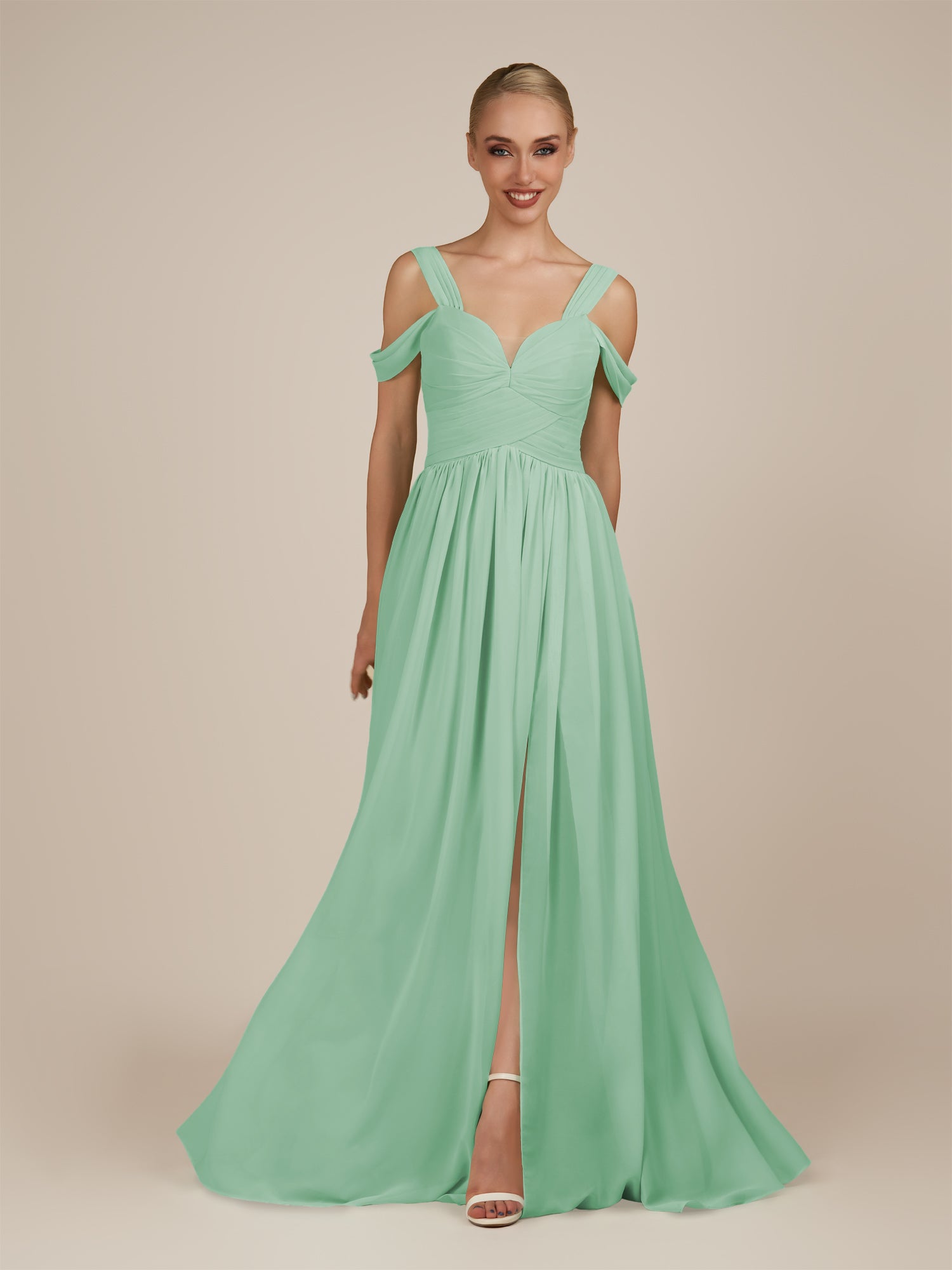 KissDress-Faye Pale Pistachio A Line Chiffon Off the Shoulder Pleated Long Bridesmaid Dress with Slit