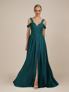 KissDress-Faye Pine A Line Chiffon Off the Shoulder Pleated Long Bridesmaid Dress with Slit