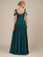 KissDress-Faye Pine A Line Chiffon Off the Shoulder Pleated Long Bridesmaid Dress with Slit