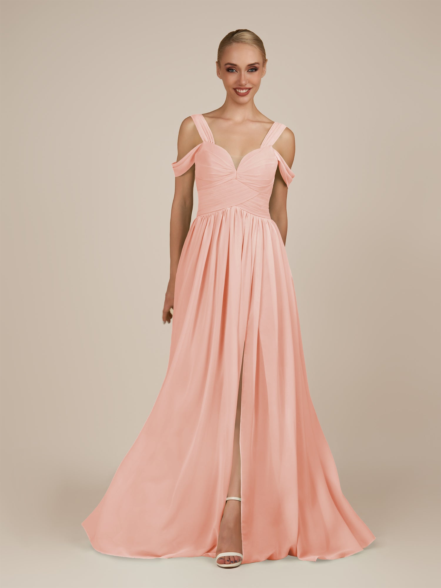 KissDress-Faye Rose Petal A Line Chiffon Off the Shoulder Pleated Long Bridesmaid Dress with Slit