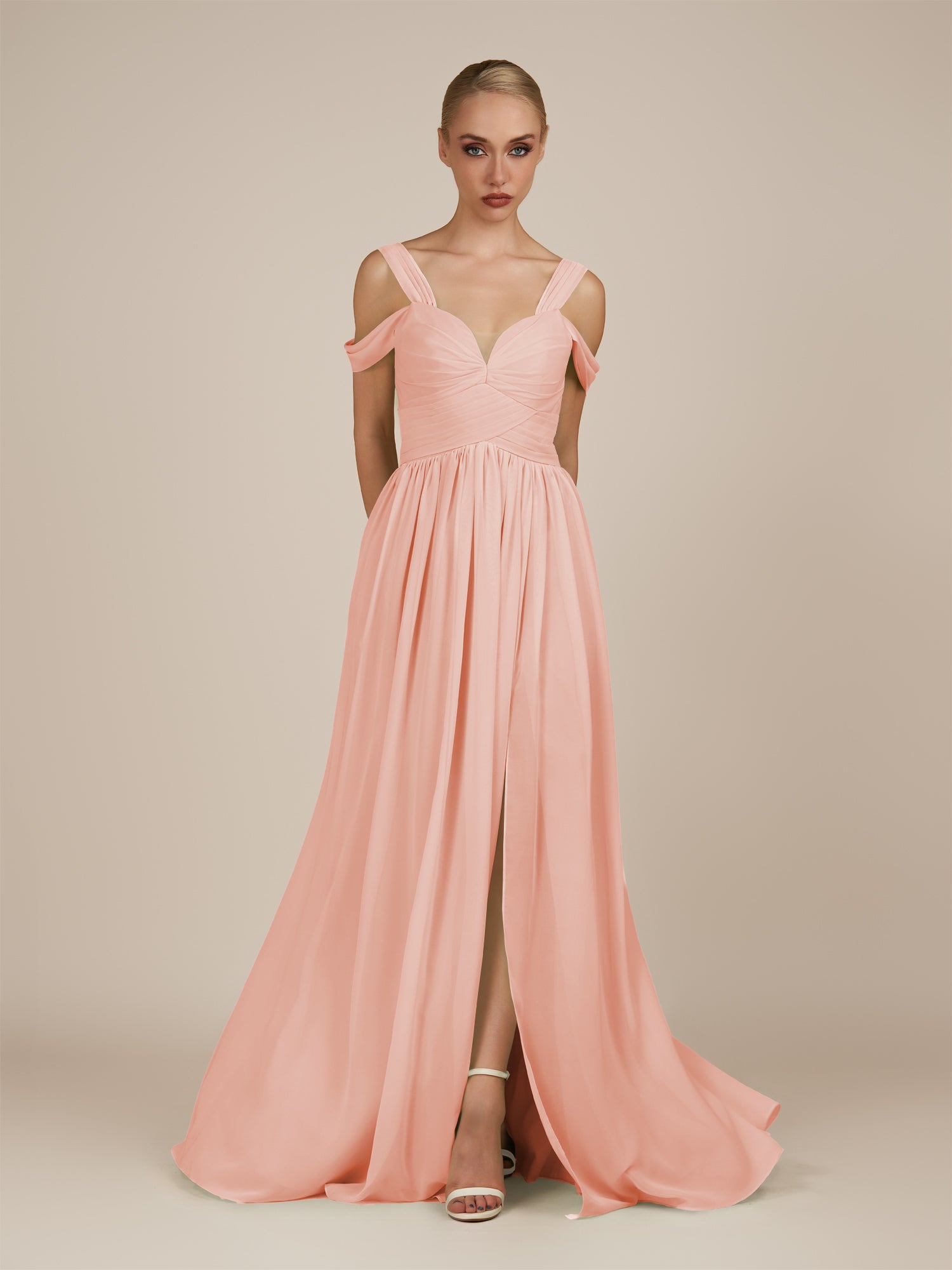 KissDress-Faye Rose Petal A Line Chiffon Off the Shoulder Pleated Long Bridesmaid Dress with Slit