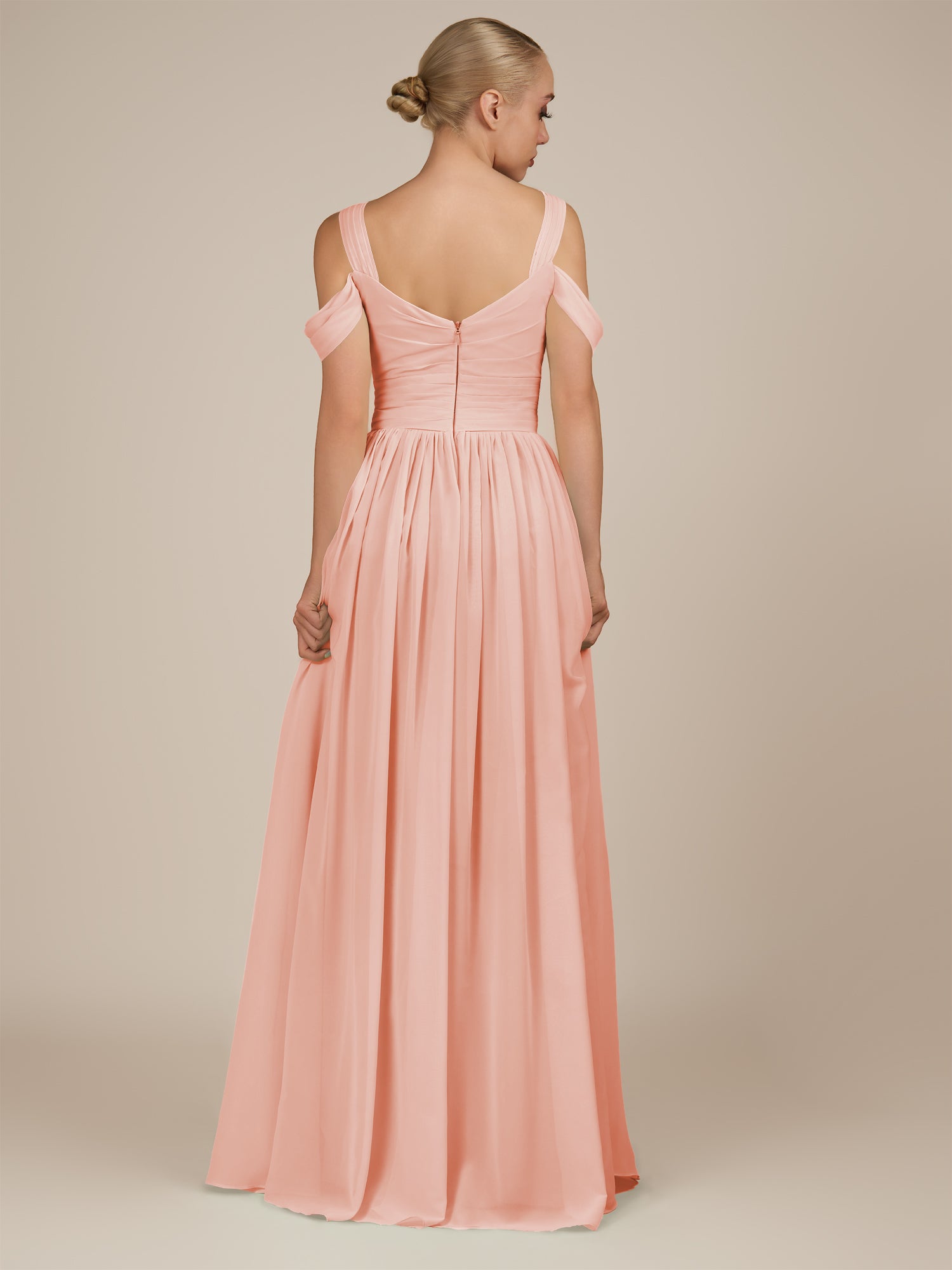 KissDress-Faye Rose Petal A Line Chiffon Off the Shoulder Pleated Long Bridesmaid Dress with Slit