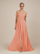 KissDress-Faye Rosette A Line Chiffon Off the Shoulder Pleated Long Bridesmaid Dress with Slit