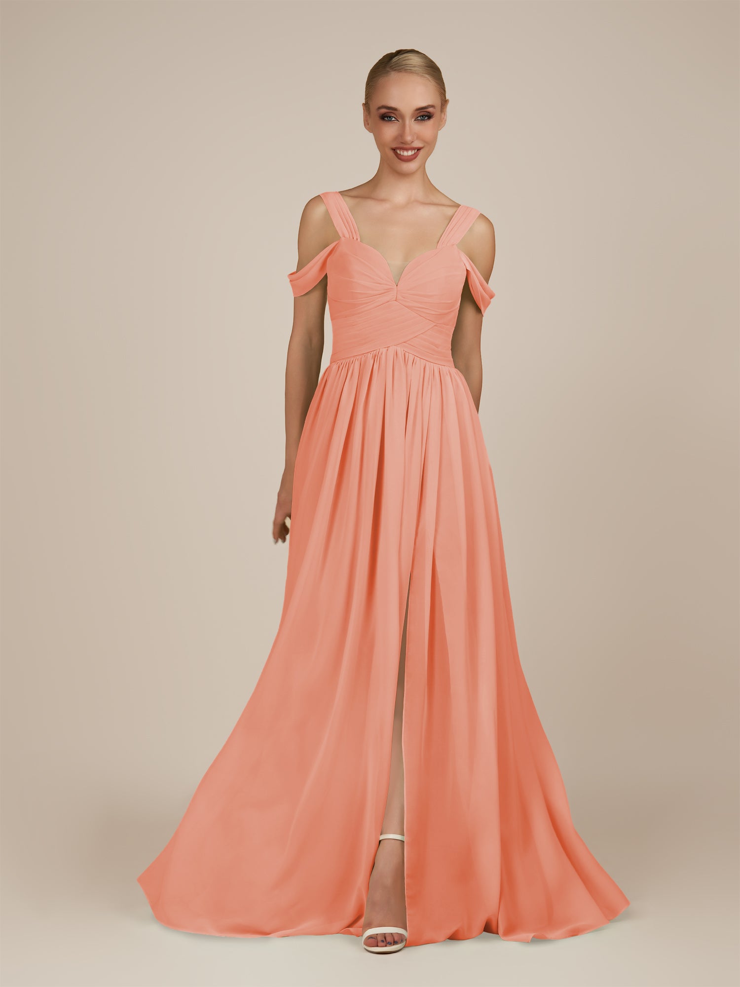 KissDress-Faye Rosette A Line Chiffon Off the Shoulder Pleated Long Bridesmaid Dress with Slit