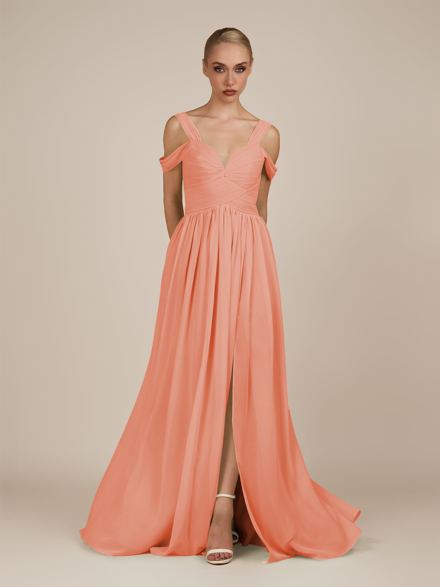 KissDress-Faye Rosette A Line Chiffon Off the Shoulder Pleated Long Bridesmaid Dress with Slit