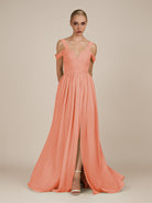 KissDress-Faye Rosette A Line Chiffon Off the Shoulder Pleated Long Bridesmaid Dress with Slit