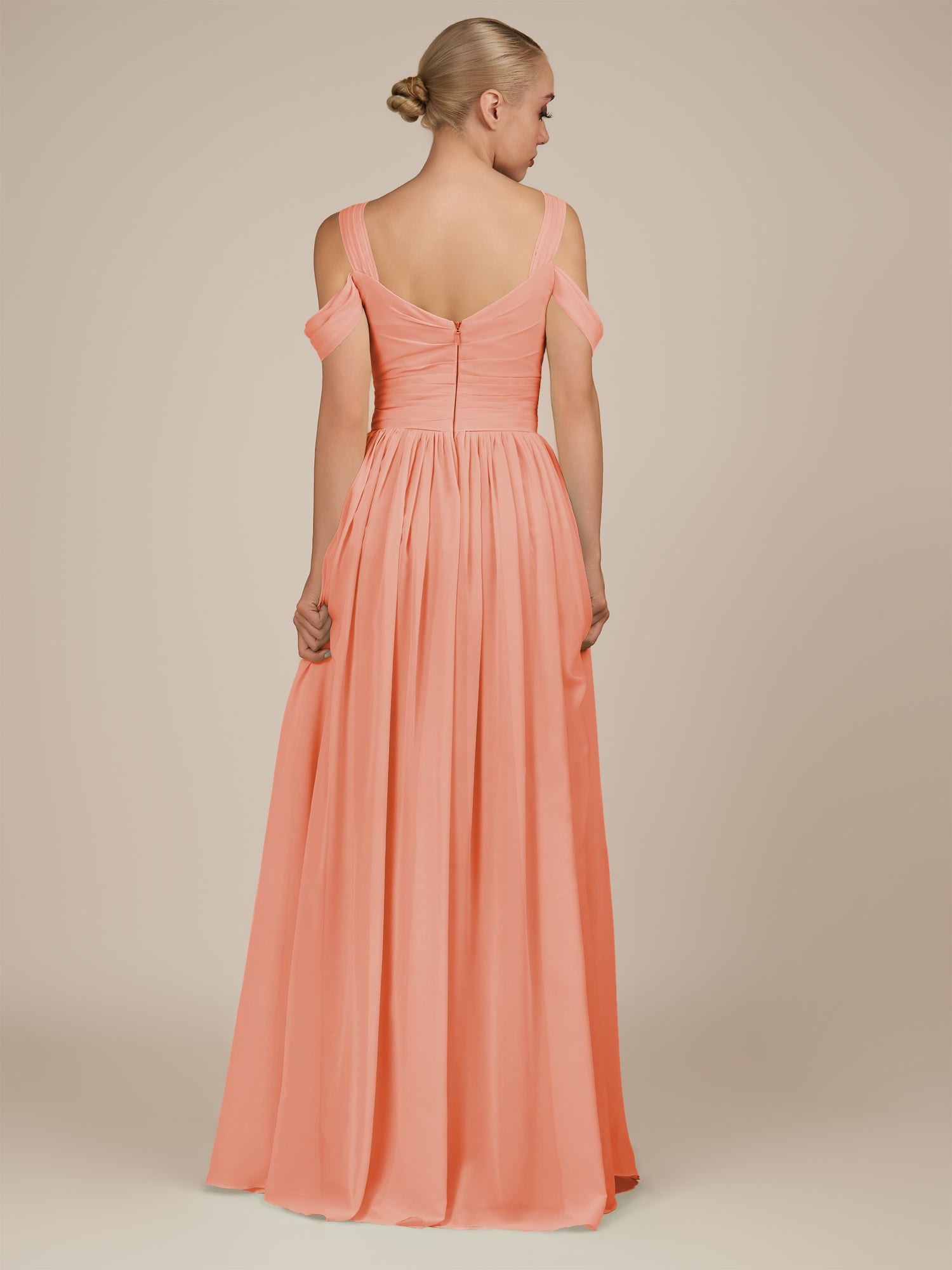 KissDress-Faye Rosette A Line Chiffon Off the Shoulder Pleated Long Bridesmaid Dress with Slit