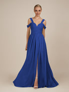 KissDress-Faye Royal Blue A Line Chiffon Off the Shoulder Pleated Long Bridesmaid Dress with Slit