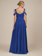 KissDress-Faye Royal Blue A Line Chiffon Off the Shoulder Pleated Long Bridesmaid Dress with Slit