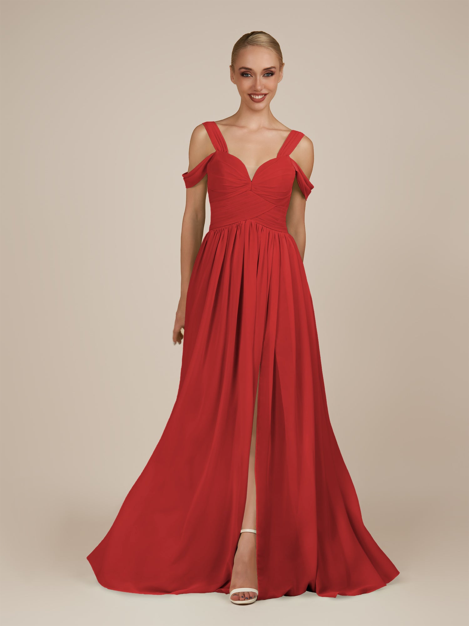 KissDress-Faye Ruby Red A Line Chiffon Off the Shoulder Pleated Long Bridesmaid Dress with Slit