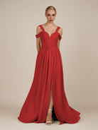 KissDress-Faye Ruby Red A Line Chiffon Off the Shoulder Pleated Long Bridesmaid Dress with Slit