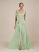 KissDress-Faye Sage A Line Chiffon Off the Shoulder Pleated Long Bridesmaid Dress with Slit