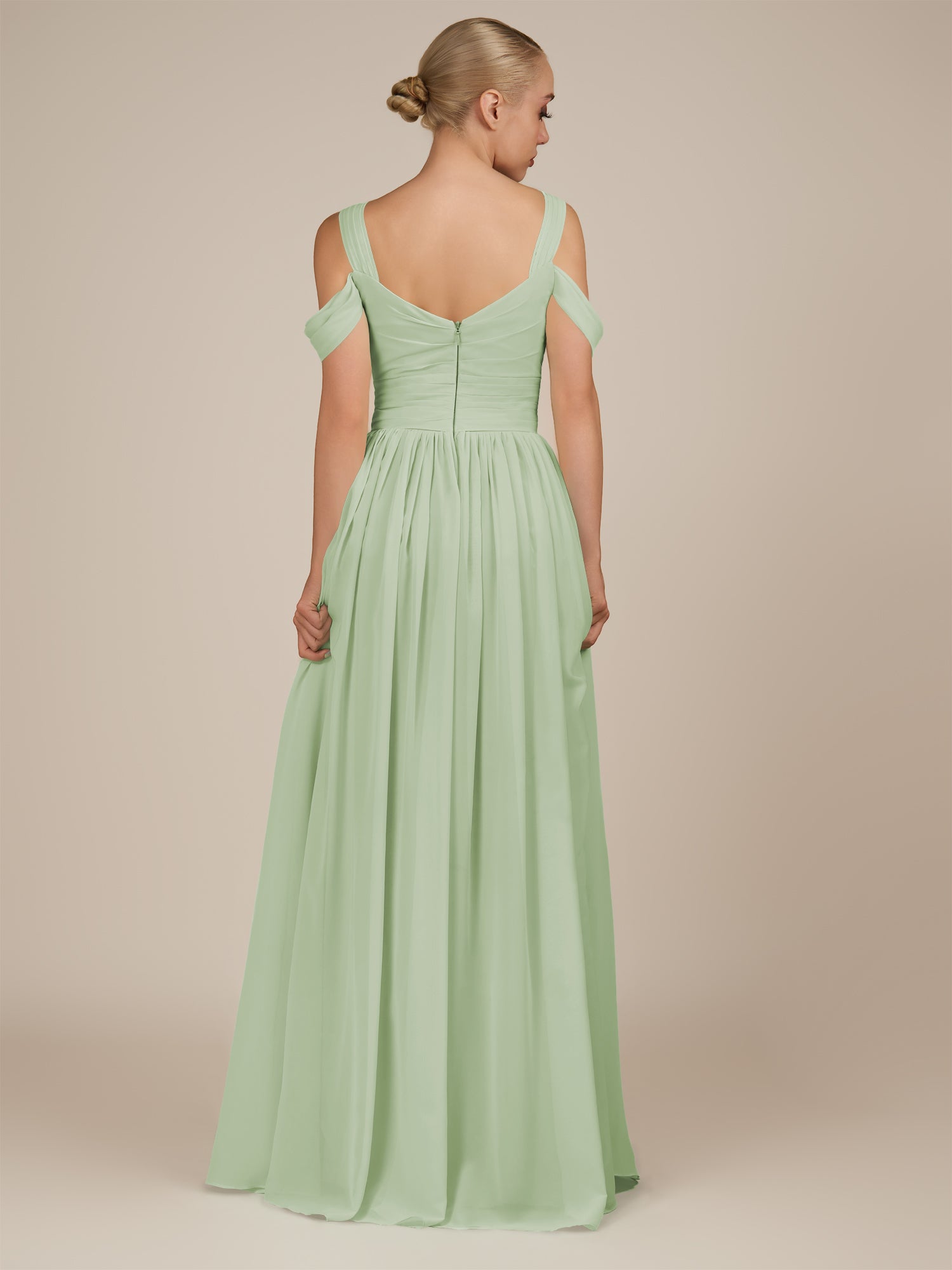 KissDress-Faye Sage A Line Chiffon Off the Shoulder Pleated Long Bridesmaid Dress with Slit