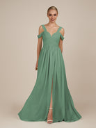 KissDress-Faye Sea Glass A Line Chiffon Off the Shoulder Pleated Long Bridesmaid Dress with Slit