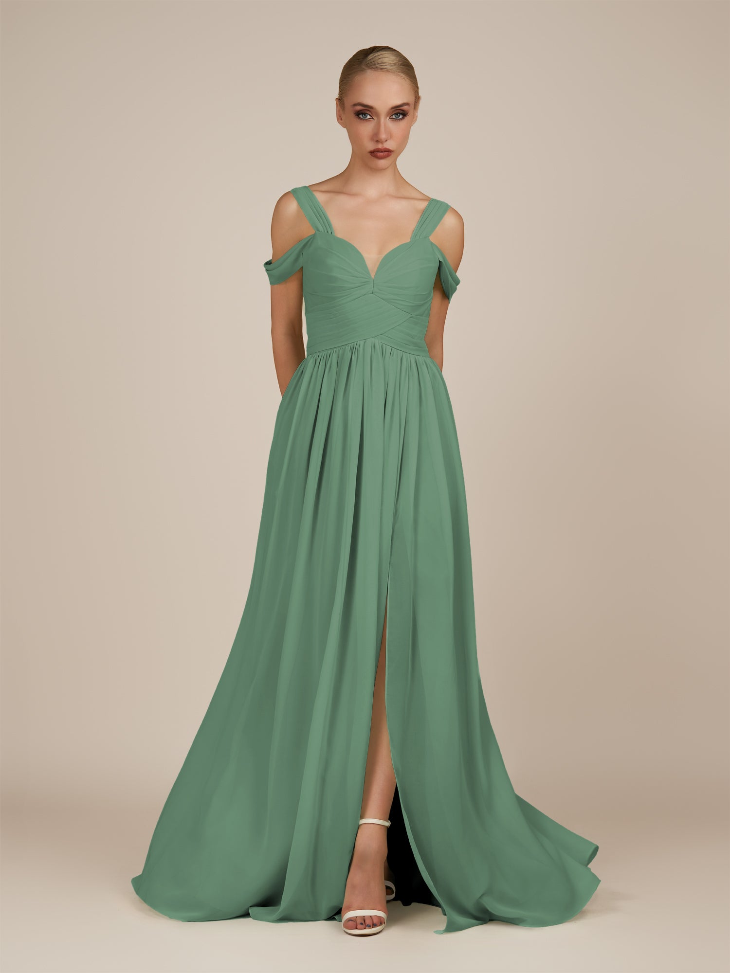 KissDress-Faye Sea Glass A Line Chiffon Off the Shoulder Pleated Long Bridesmaid Dress with Slit