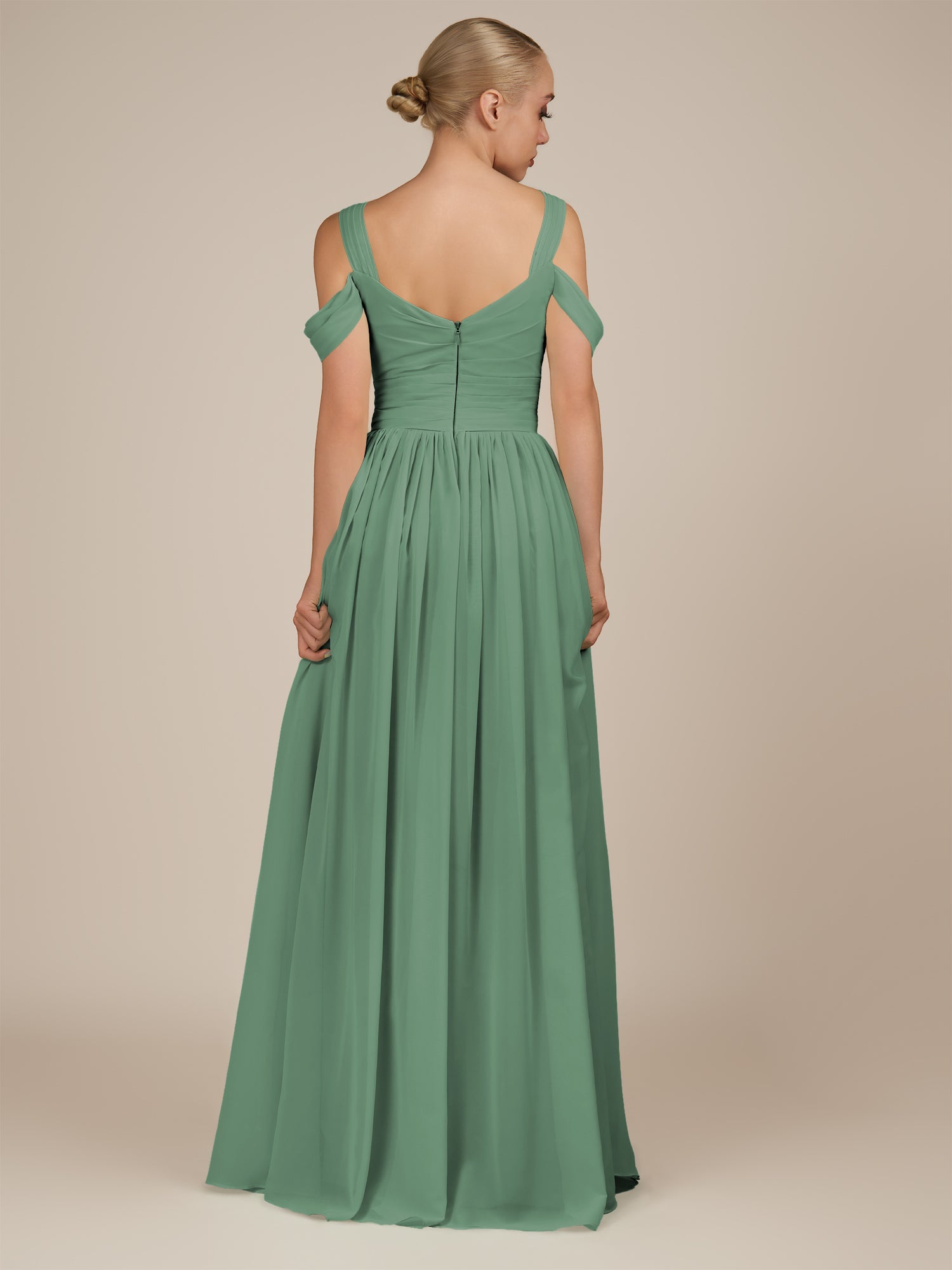 KissDress-Faye Sea Glass A Line Chiffon Off the Shoulder Pleated Long Bridesmaid Dress with Slit