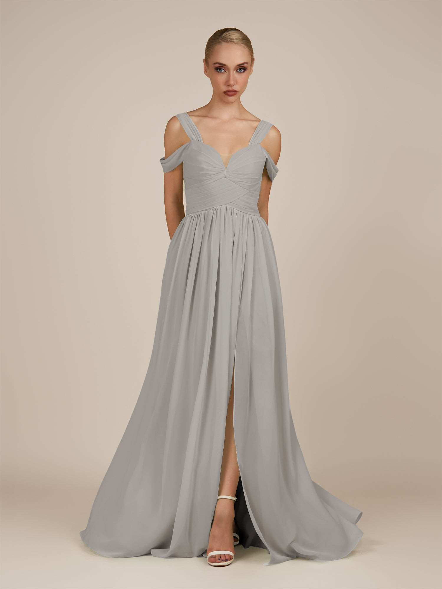 KissDress-Faye Silver A Line Chiffon Off the Shoulder Pleated Long Bridesmaid Dress with Slit