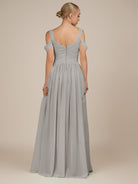 KissDress-Faye Silver A Line Chiffon Off the Shoulder Pleated Long Bridesmaid Dress with Slit