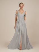 KissDress-Faye Silver A Line Chiffon Off the Shoulder Pleated Long Bridesmaid Dress with Slit