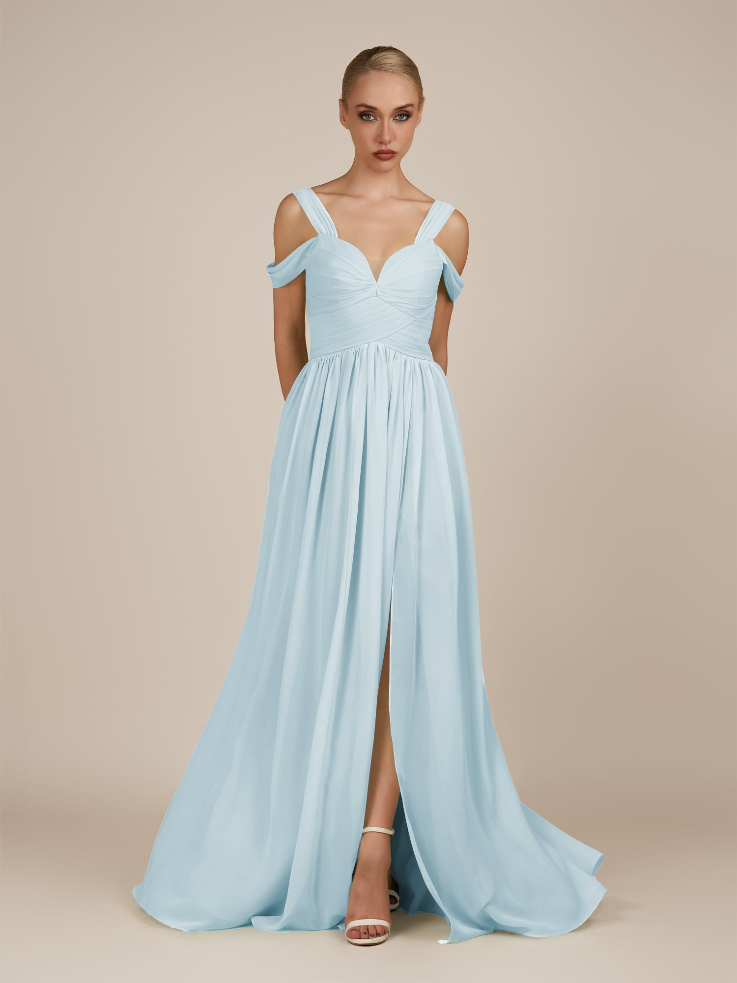 KissDress-Faye Sky Blue A Line Chiffon Off the Shoulder Pleated Long Bridesmaid Dress with Slit