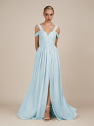 KissDress-Faye Sky Blue A Line Chiffon Off the Shoulder Pleated Long Bridesmaid Dress with Slit