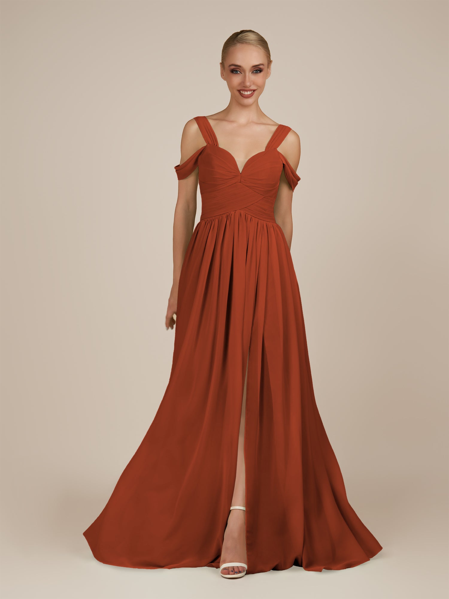 KissDress-Faye Spice A Line Chiffon Off the Shoulder Pleated Long Bridesmaid Dress with Slit