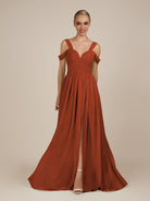 KissDress-Faye Spice A Line Chiffon Off the Shoulder Pleated Long Bridesmaid Dress with Slit