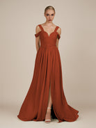 KissDress-Faye Spice A Line Chiffon Off the Shoulder Pleated Long Bridesmaid Dress with Slit