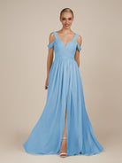 KissDress-Faye Steel Blue A Line Chiffon Off the Shoulder Pleated Long Bridesmaid Dress with Slit