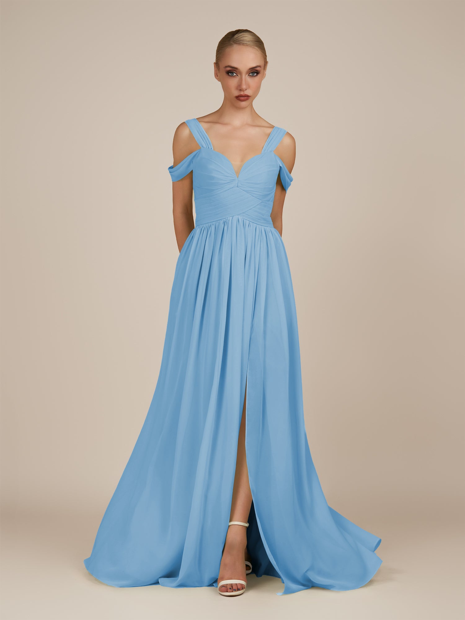 KissDress-Faye Steel Blue A Line Chiffon Off the Shoulder Pleated Long Bridesmaid Dress with Slit