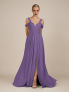 KissDress-Faye Tahiti A Line Chiffon Off the Shoulder Pleated Long Bridesmaid Dress with Slit