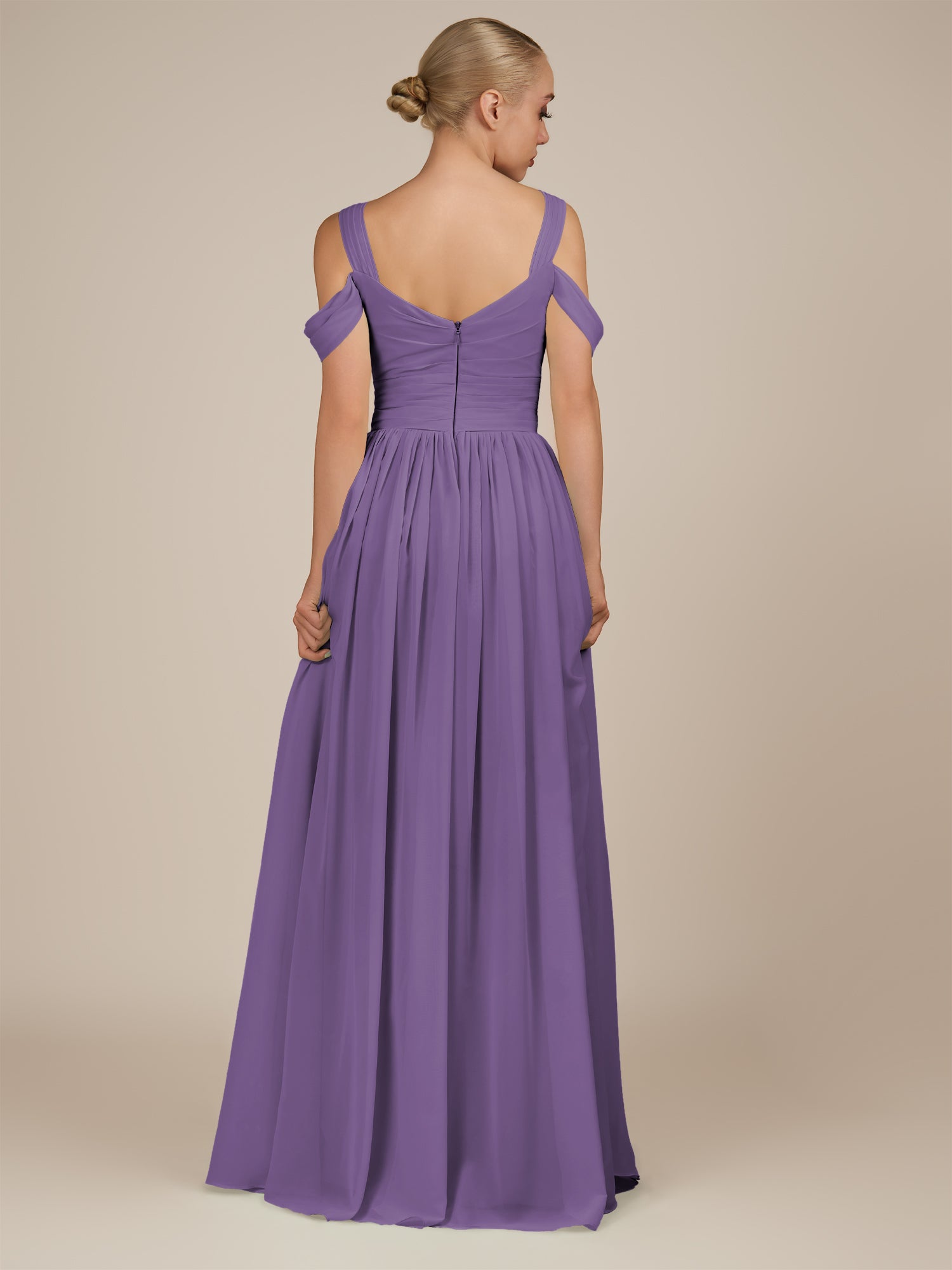 KissDress-Faye Tahiti A Line Chiffon Off the Shoulder Pleated Long Bridesmaid Dress with Slit