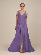 KissDress-Faye Tahiti A Line Chiffon Off the Shoulder Pleated Long Bridesmaid Dress with Slit
