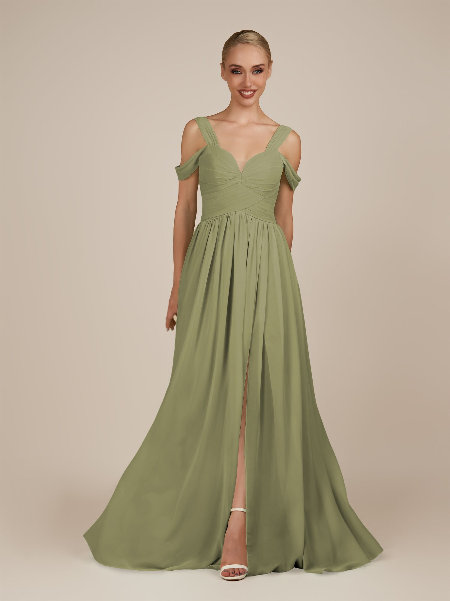 KissDress-Faye Thyme A Line Chiffon Off the Shoulder Pleated Long Bridesmaid Dress with Slit