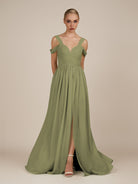 KissDress-Faye Thyme A Line Chiffon Off the Shoulder Pleated Long Bridesmaid Dress with Slit