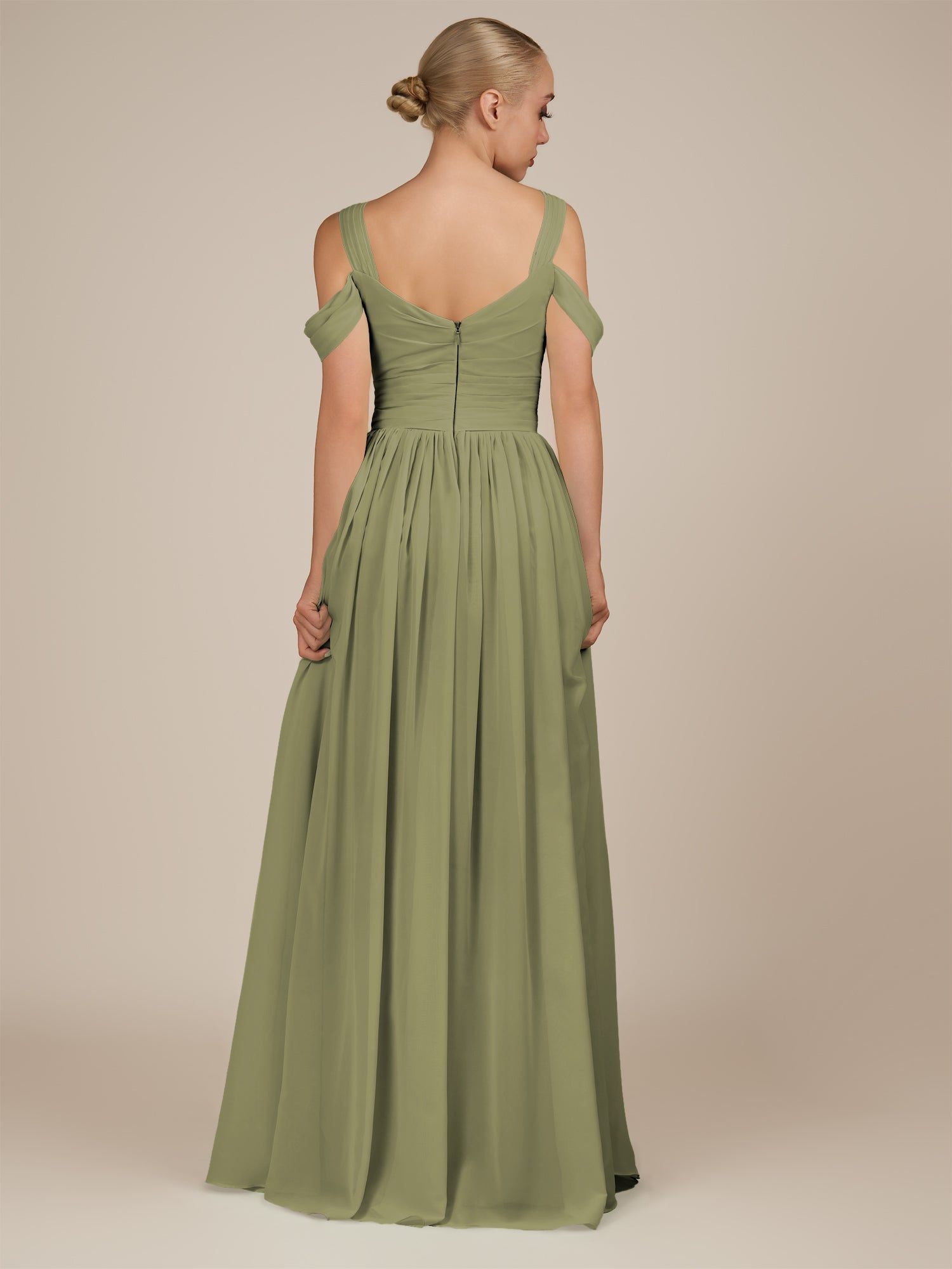 KissDress-Faye Thyme A Line Chiffon Off the Shoulder Pleated Long Bridesmaid Dress with Slit