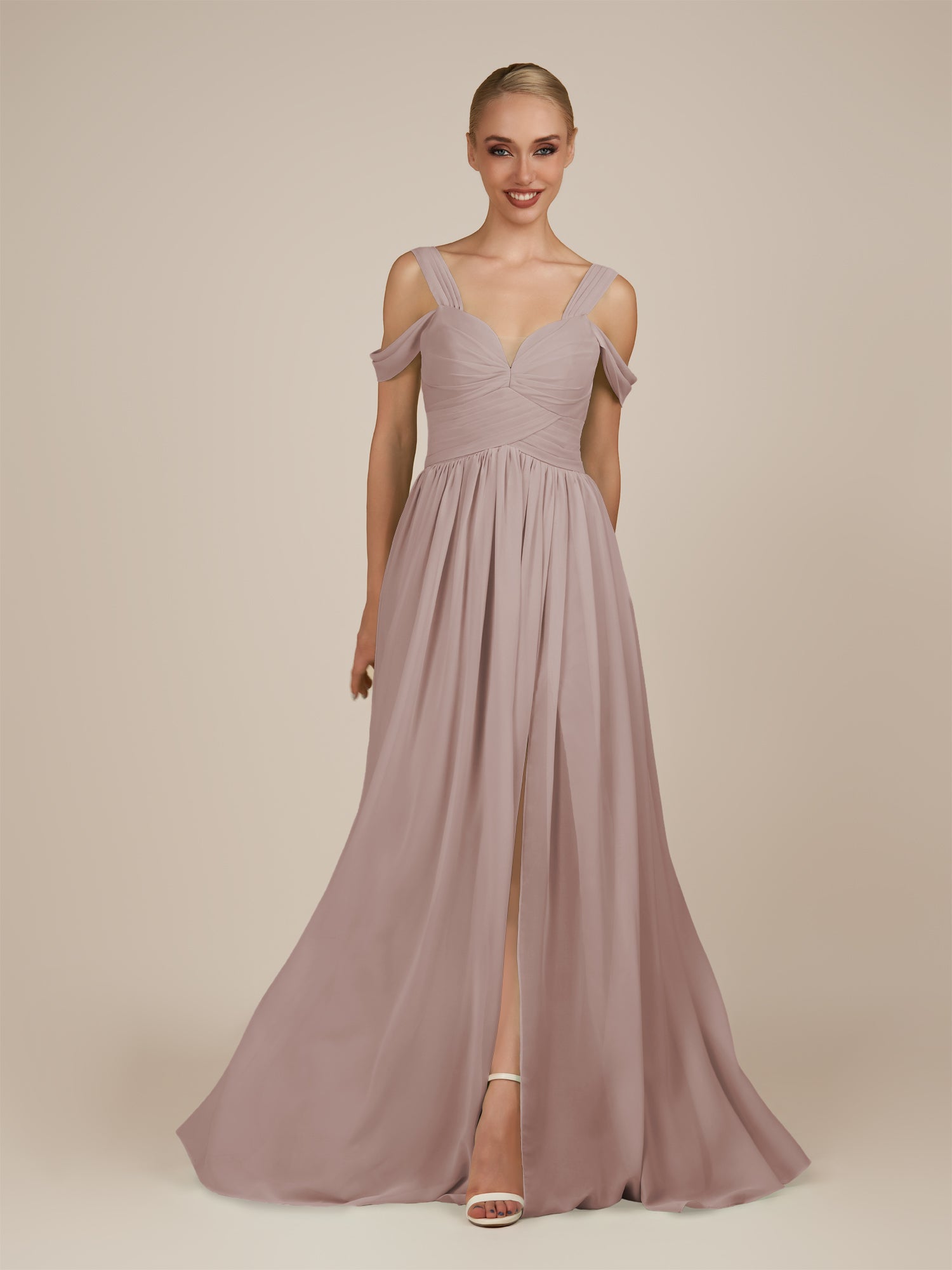 KissDress-Faye Toffee A Line Chiffon Off the Shoulder Pleated Long Bridesmaid Dress with Slit