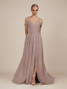 KissDress-Faye Toffee A Line Chiffon Off the Shoulder Pleated Long Bridesmaid Dress with Slit