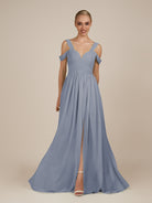 KissDress-Faye Twilight A Line Chiffon Off the Shoulder Pleated Long Bridesmaid Dress with Slit
